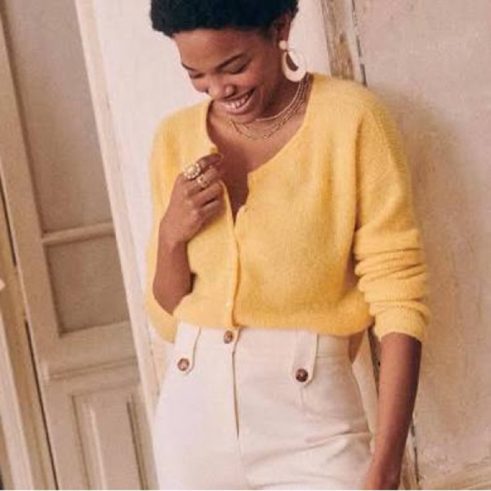 Sezane Yellow Cropped Button Cardigan